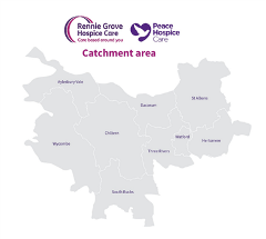 Map showing the areas covered by Rennie Grove Peace Hospice Care services